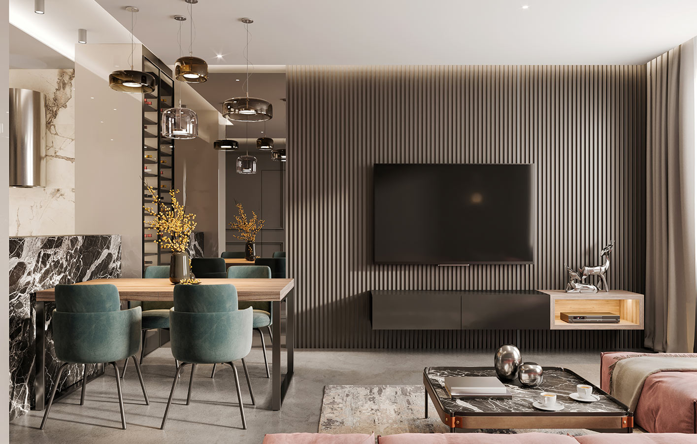 Modernes Wohnzimmer mit stilvoller Einrichtung und Essbereich mit Akustikpaneelen