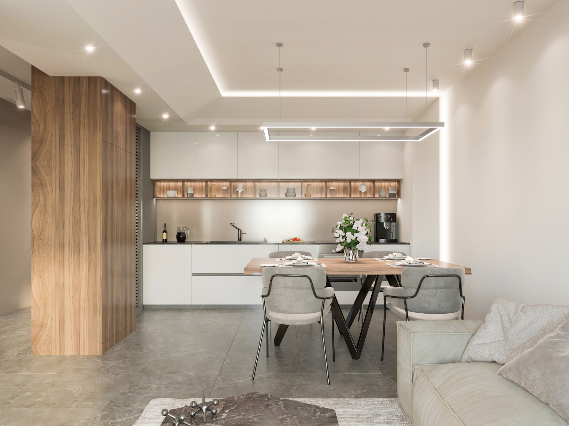 Entdecken Sie die zahlreichen Vorteile von Designvinylböden bei Ihrem Experten in Gronau und kombinieren Sie erstklassige Ästhetik mit höchster Strapazierfähigkeit. Dieser moderne Bodenbelag ist nicht nur fußwarm und gelenkschonend, sondern dank seiner wasserresistenten Eigenschaften auch die ideale, pflegeleichte Wahl für offene Wohn-Koch-Bereiche.  Bildbeschreibung Eine computergenerierte Darstellung einer modernen, offenen Wohnküche mit einem großformatigen Designvinylboden in grauer Natursteinoptik. Der Raum besticht durch eine minimalistische weiße Küchenzeile, eine markante Holzwandsäule und einen Essbereich mit einem Holztisch und grauen Polsterstühlen unter einer rechteckigen LED-Pendelleuchte. Die indirekte Deckenbeleuchtung und punktuelle Spotlichter unterstreichen das hochwertige Ambiente und die nahtlose Optik des Bodenbelags, der bis in den angrenzenden Wohnbereich mit hellem Sofa reicht.