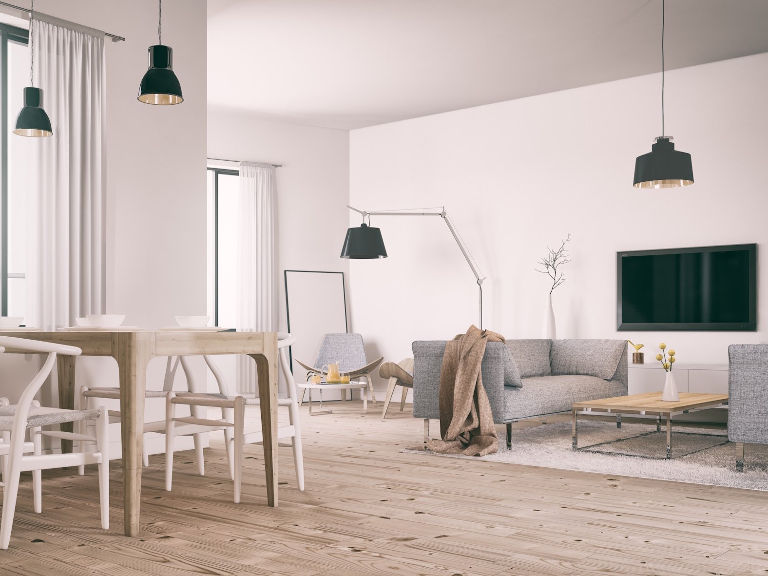 Lassen Sie Ihre exklusiven Massivholzdielen fachgerecht verlegen von unserem spezialisierten Team in Gronau für ein perfektes, langlebiges Wohnergebnis. Als Ihr Fachbetrieb garantieren wir eine präzise Montage, die die natürliche Dehnung des Holzes berücksichtigt und den Wert Ihrer Immobilie nachhaltig steigert.  Bildbeschreibung Ein modern gestalteter, offener Wohn- und Essbereich mit einem hochwertigen Boden aus hellen Massivholzdielen. Im Vordergrund steht ein heller Holztisch mit passenden weißen Designerstühlen, während im Hintergrund eine gemütliche Sitzecke mit grauem Sofa, einem flachen Couchtisch und einem an der Wand montierten Fernseher zu sehen ist. Schwarze Pendelleuchten und eine große Bogenlampe setzen moderne Akzente in dem hellen, lichtdurchfluteten Raum.